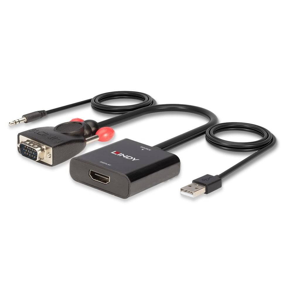 'VGA auf HDMI Adapter von Lindy, bestehend aus VGA-Stecker, HDMI-Anschluss, USB-Stecker und 3,5-mm-Audio-Kabel.'