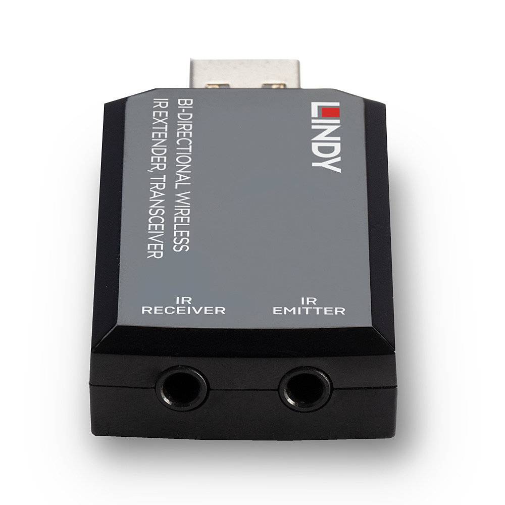 Kabelloser bidirektionaler IR-Sender-Empfänger von Lindy, mit IR-Empfänger und IR-Sender-Anschluss vorne und USB-Anschluss oben.