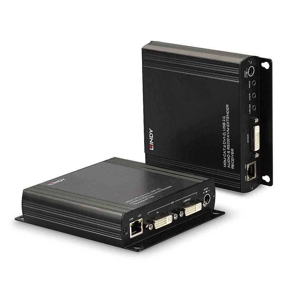 Zwei schwarze AV-Geräte mit Aufschrift 'LINDY'. Eines zeigt Anschlüsse für DVI, Ethernet und Audiostecker, das andere liegt flach daneben.