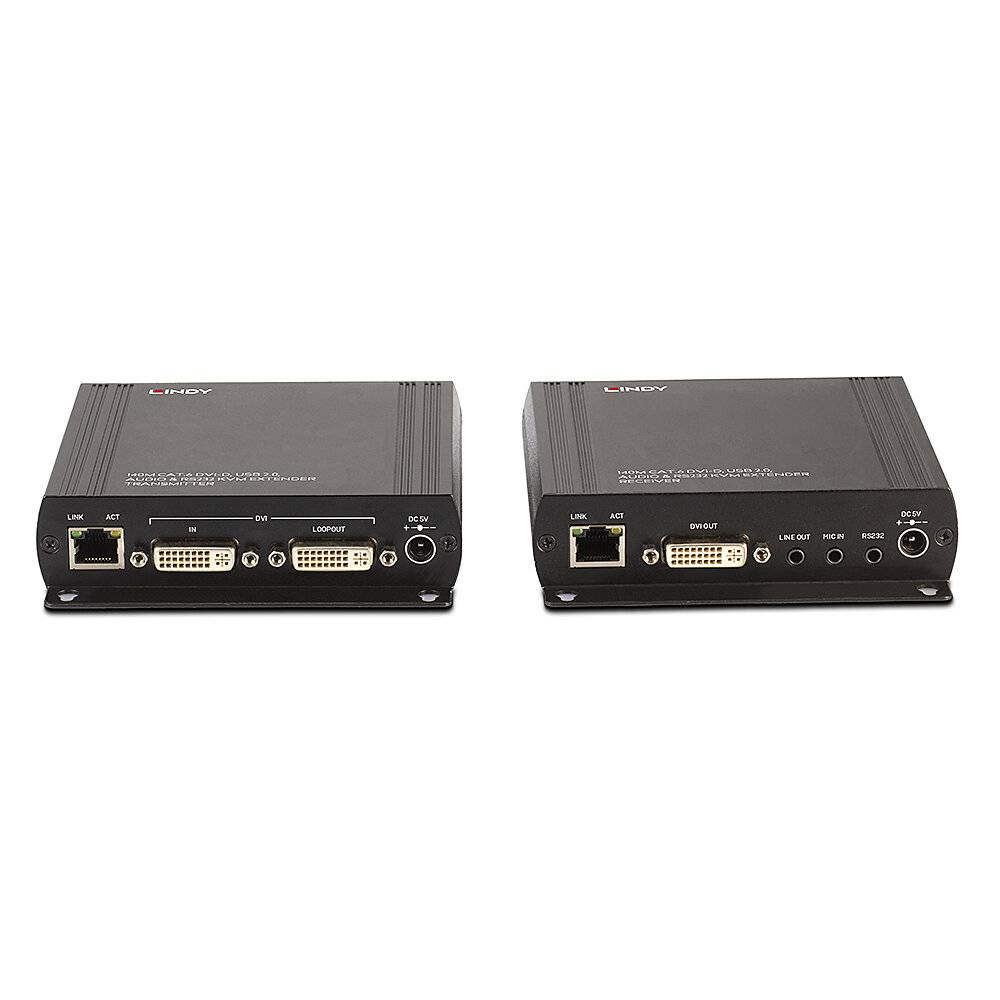 Zwei schwarze elektronische Geräte mit mehreren Anschlüssen, darunter DVI- und RJ-45-Anschlüsse, auf weißem Hintergrund.