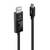 Ein schwarzes Kabel mit USB-C-Anschluss links und DisplayPort-Anschluss rechts, beide mit Aufschrift 'SOURCE' und 'DISPLAY'.