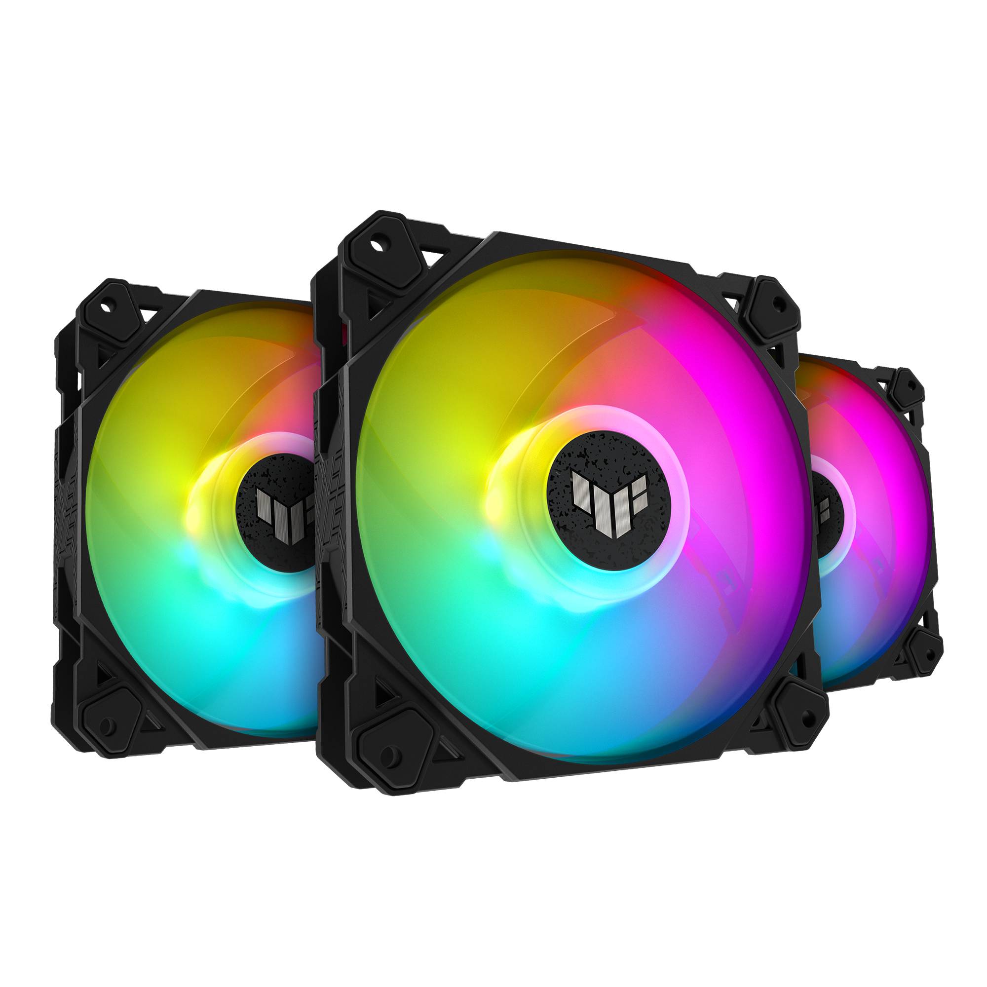Drei schwarze Computerlüfter mit RGB-Beleuchtung in verschiedenen Farben. Lüfterblätter leuchten in Regenbogenfarben.