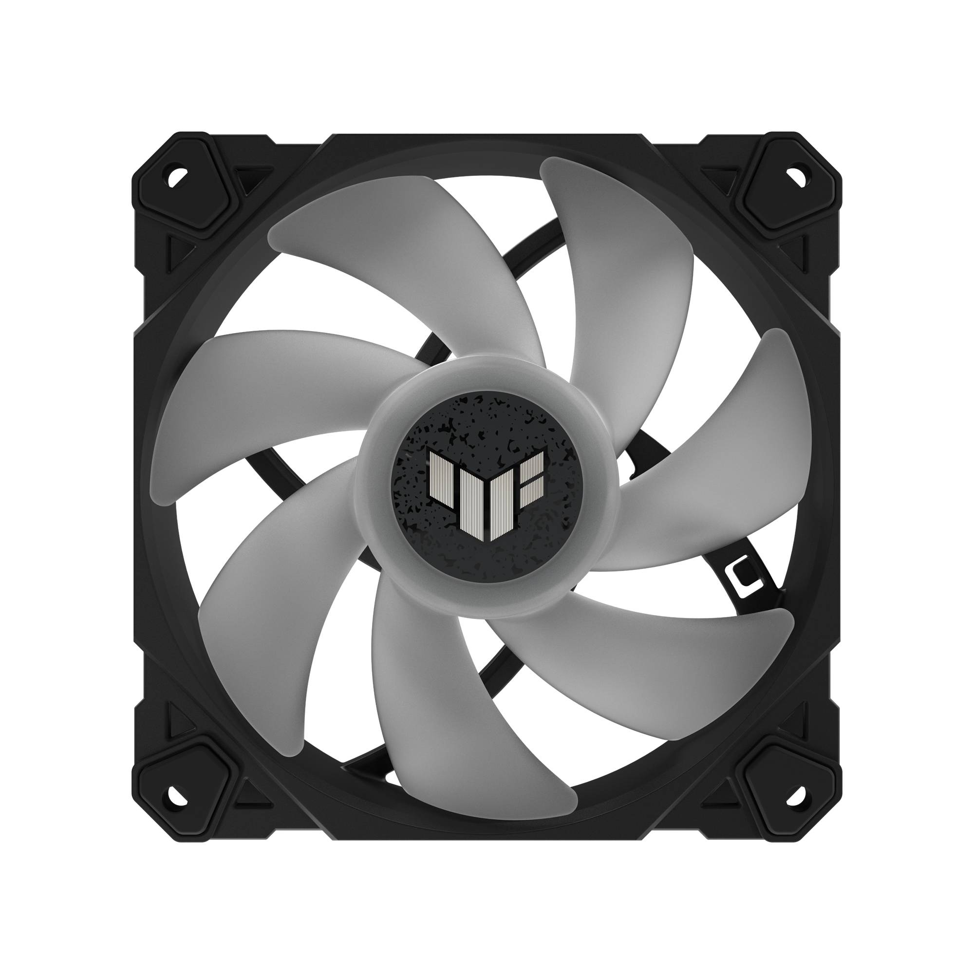 Lüfter für Computergehäuse mit sechs grauen Rotorblättern und schwarzem Rahmen, zentrales Logo; zur Kühlung in Computern verwendet.