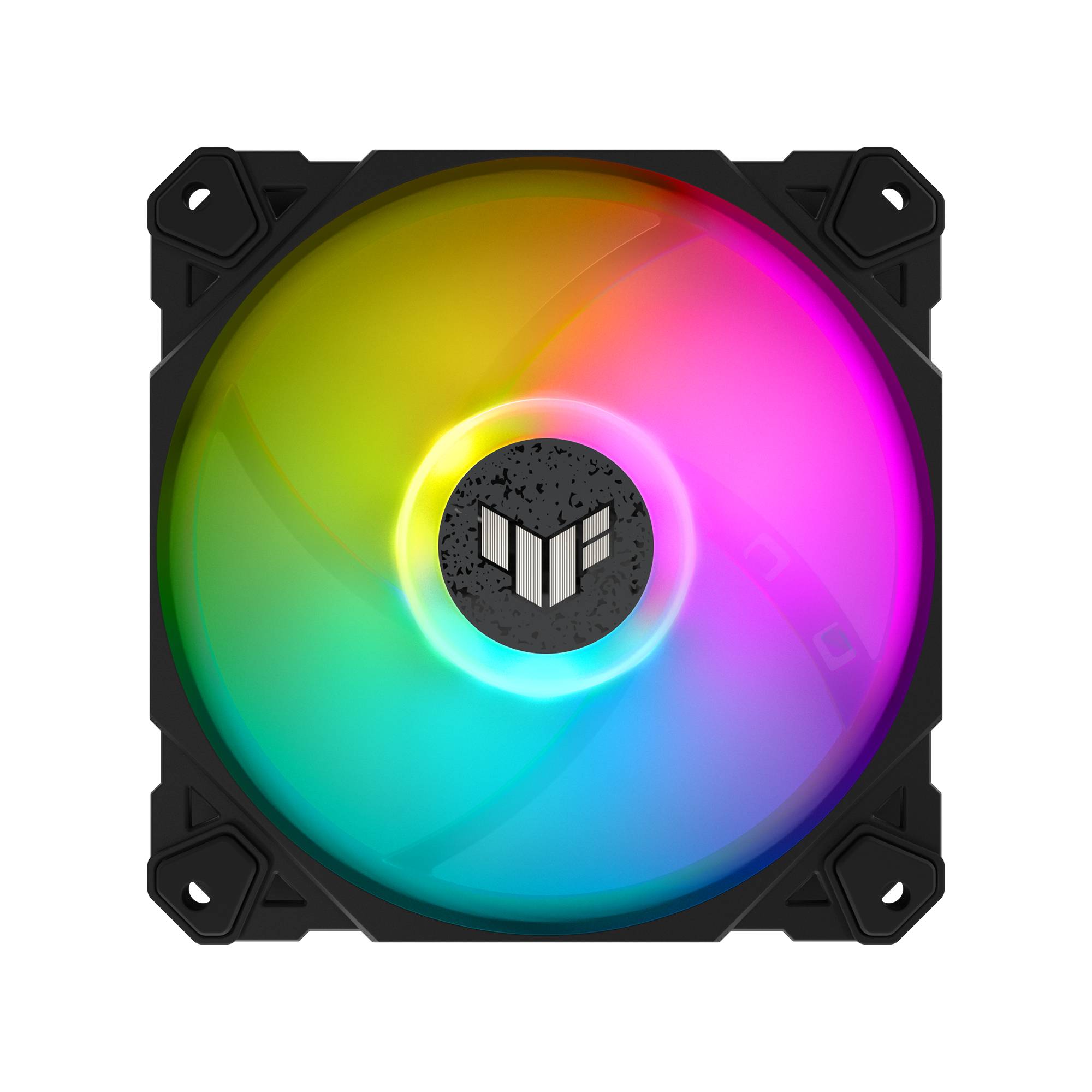 Kreisförmiger Computerventilator mit leuchtenden RGB-LEDs in verschiedenen Farben, einschließlich Blau, Grün, Gelb und Rot.