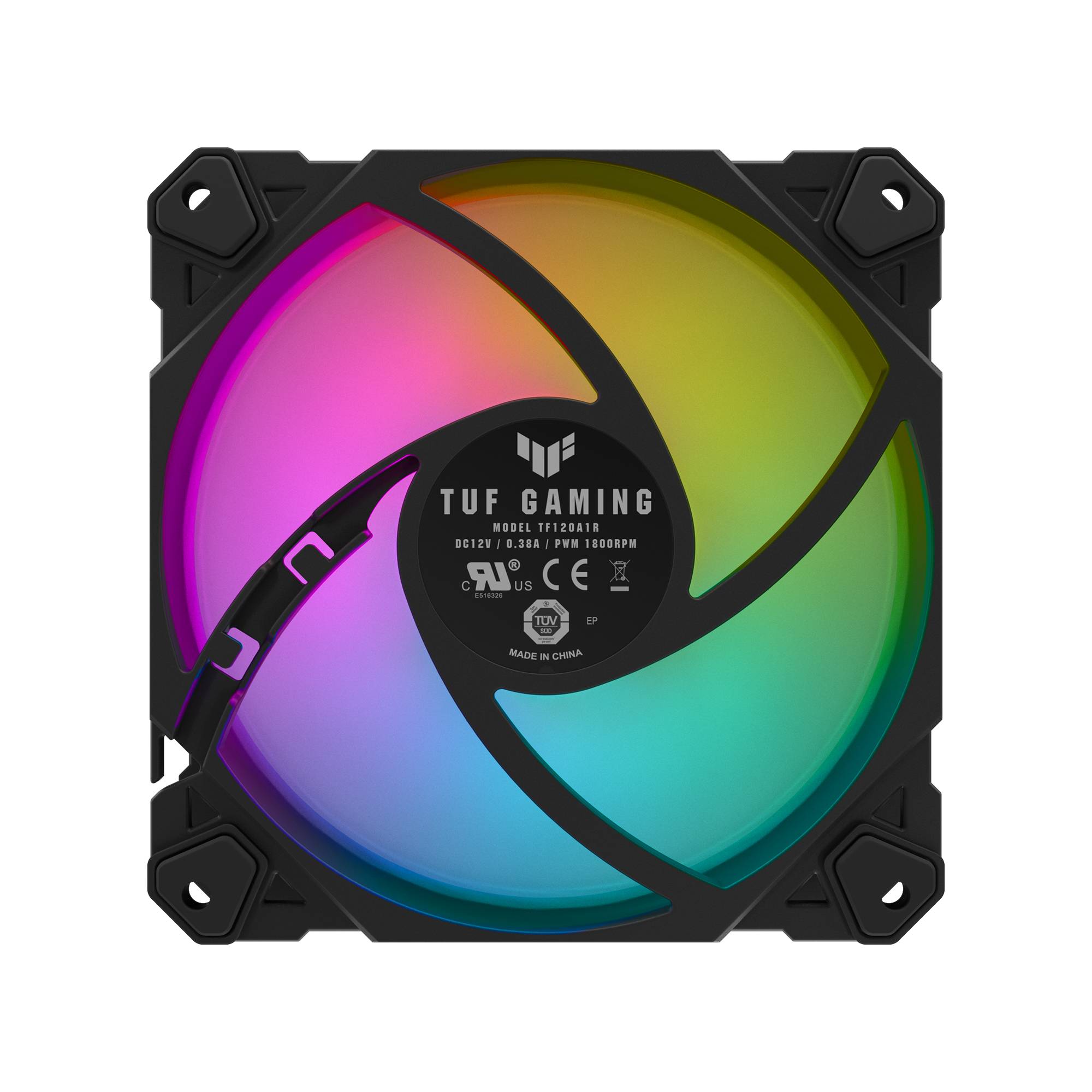 Ein schwarzer PC-Lüfter mit bunten LED-Lichtern in einem spiralförmigen Muster leuchtet; Aufschrift 'TUF Gaming'.