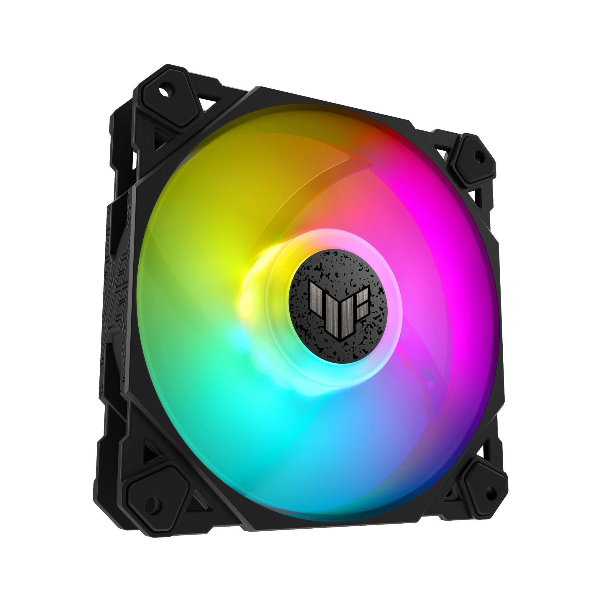 Ein PC-Lüfter mit RGB-Beleuchtung, die in verschiedenen Farben leuchtet. Der Lüfter hat ein schwarzes Gehäuse und ein Logo in der Mitte.