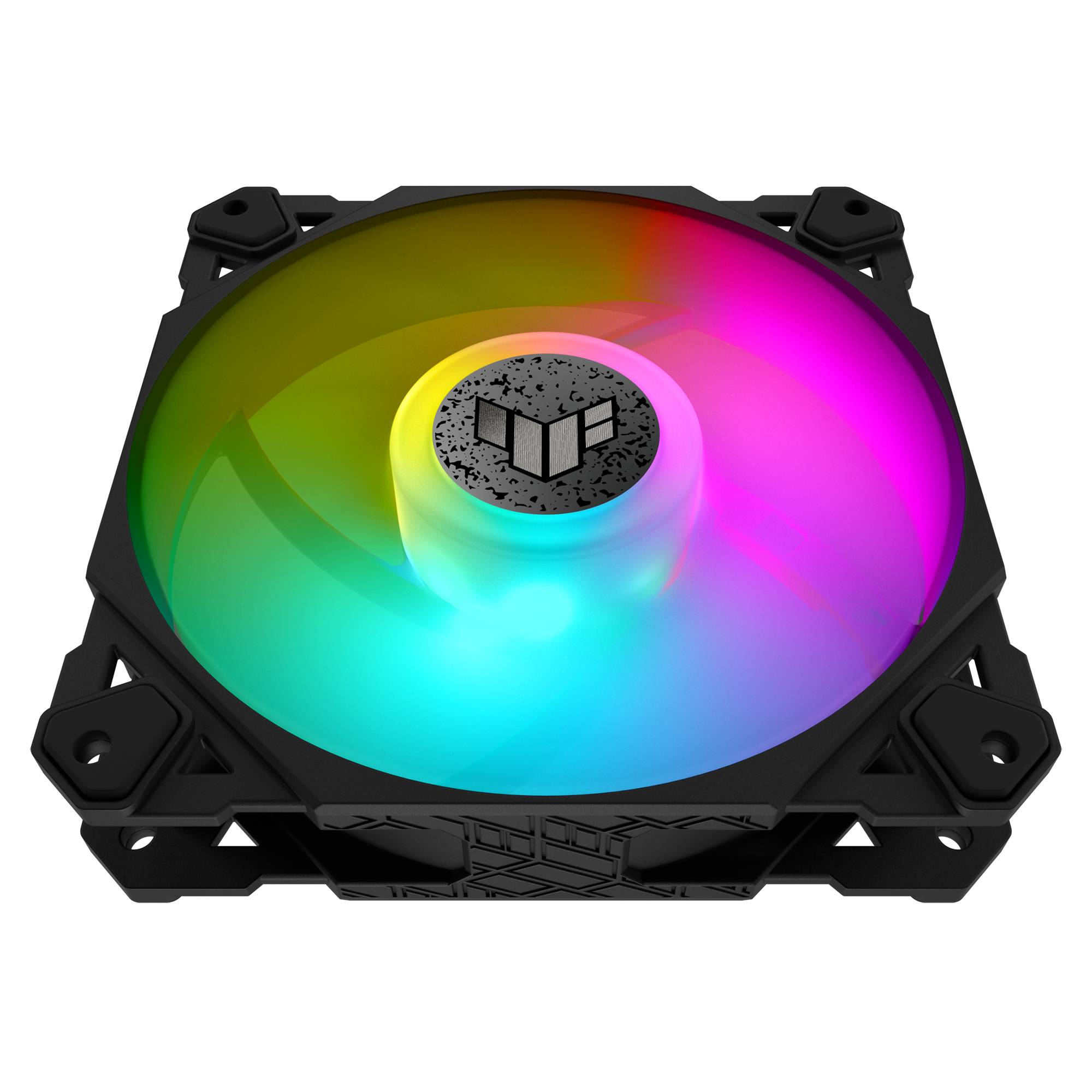 Ein PC-Lüfter mit bunten LED-Lichtern, die in einem Regenbogenmuster leuchten. Der Lüfter hat ein schwarzes Gehäuse.
