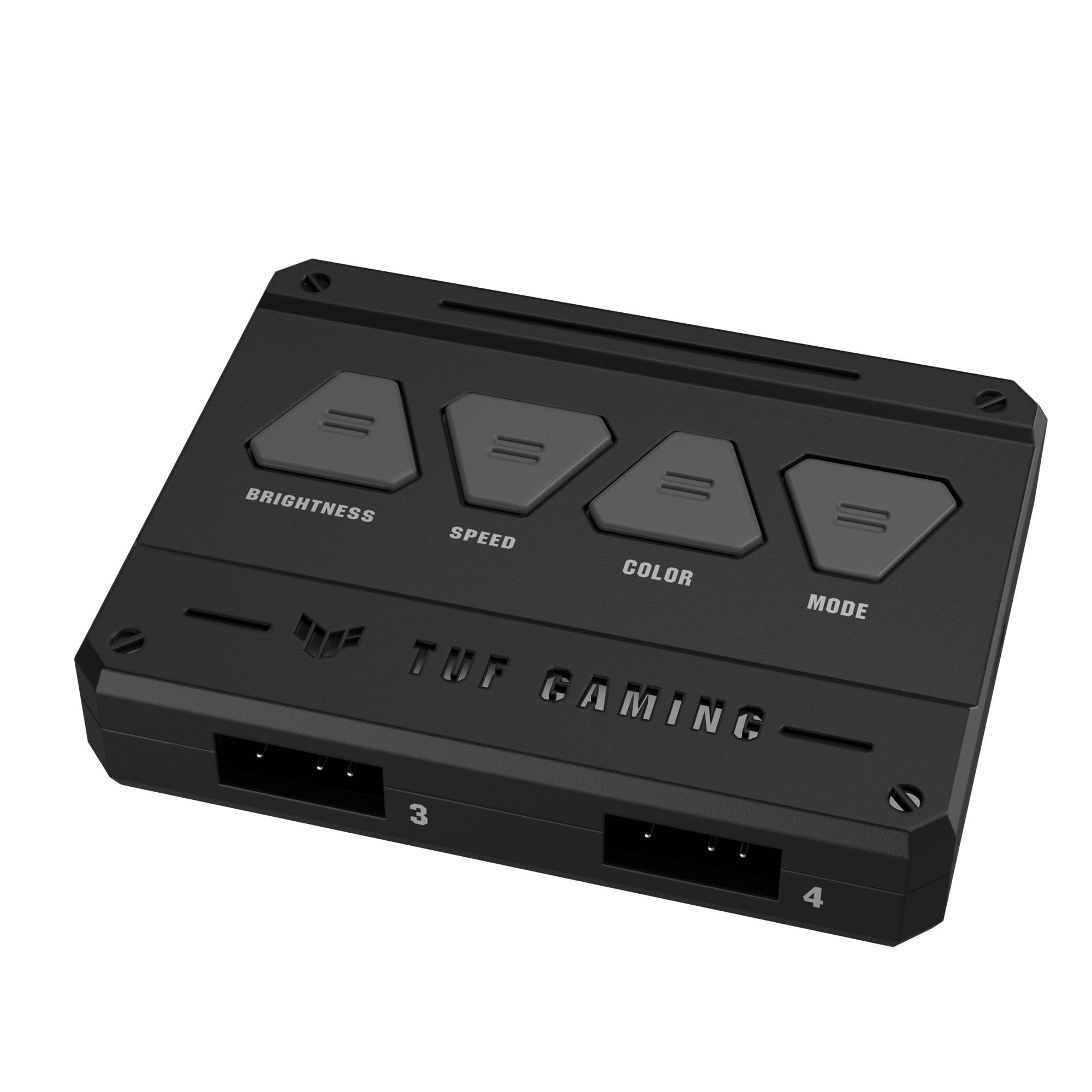 Ein schwarzer Controller mit Tasten für 'Brightness', 'Speed', 'Color' und 'Mode', markiert mit 'TUF Gaming'. Zwei Anschlussports unten.