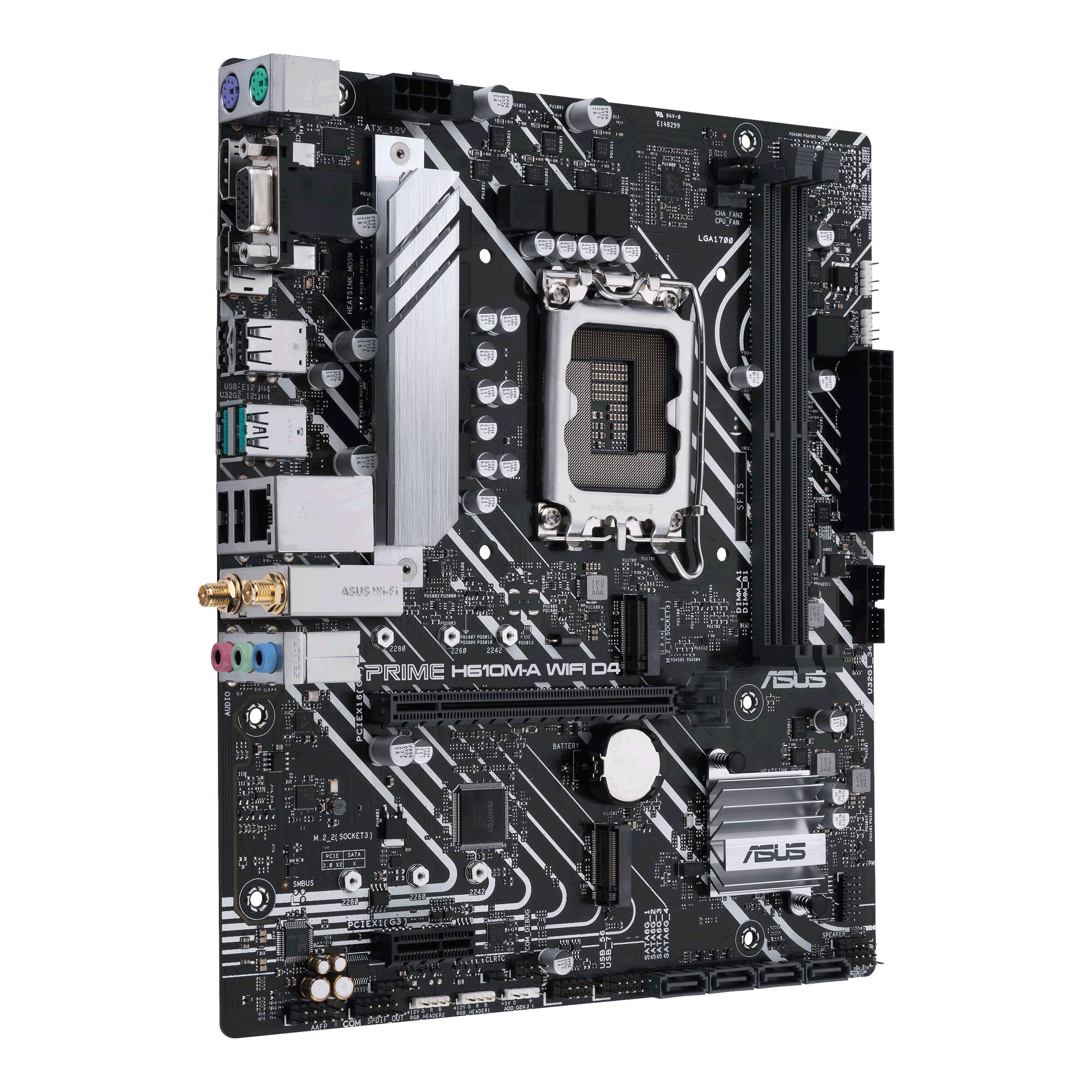 Hauptplatine ASUS Prime H610M-A WiFi D4 in Schwarz und Silber mit mehreren Anschlüssen und Slots, geeignet für Intel-Prozessoren.
