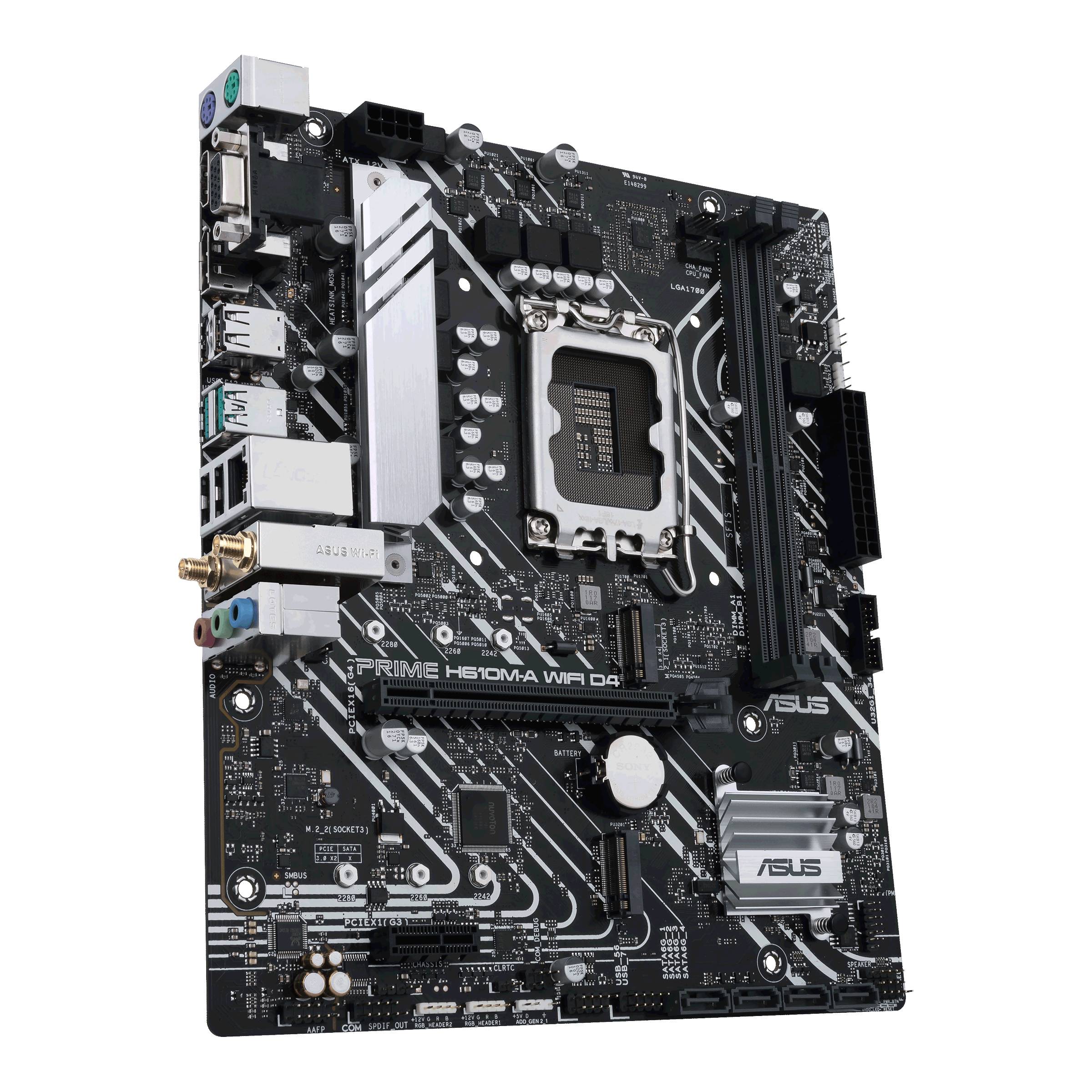 Mainboard der Marke ASUS, Modell PRIME H310M-A. Zeigt Anschlüsse, Steckplätze und Komponentenlayouts für PC-Bau. 