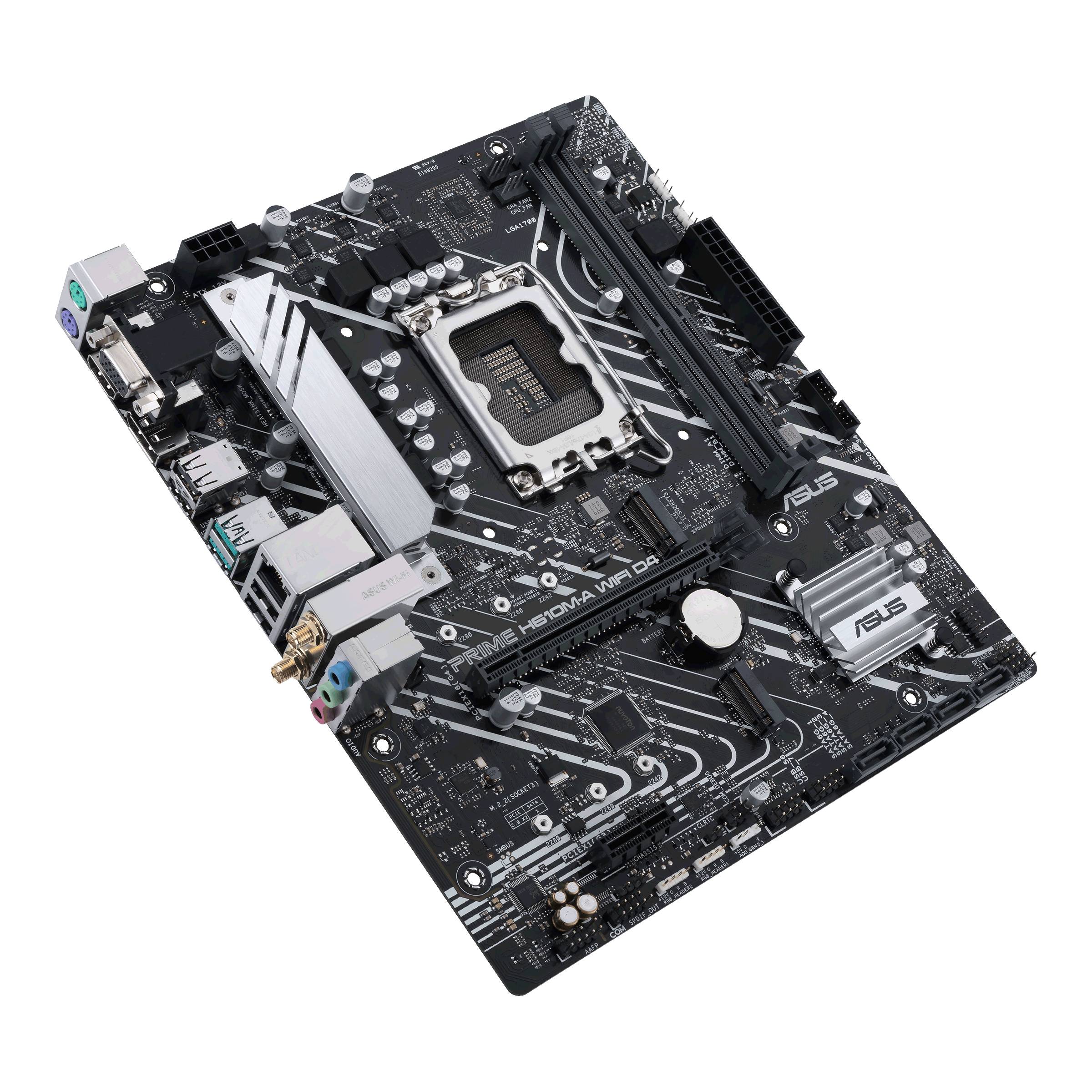 Ein Computer-Motherboard mit verschiedenen Anschlüssen und elektronischen Komponenten, bereit zur Installation in einem Rechner.
