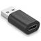 Ein schwarzer USB-Adapter mit einem USB-A-Stecker auf der linken Seite und einem USB-C-Anschluss auf der rechten Seite.
