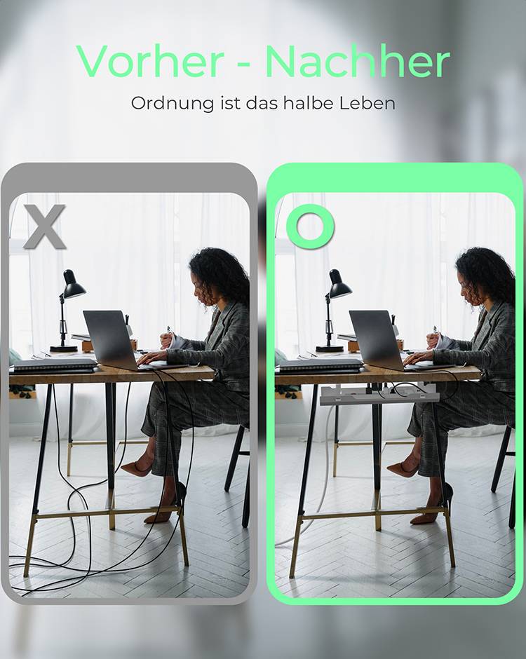 'Vorher - Nachher' Bild: Links unordentlicher Schreibtisch, Kabelchaos. Rechts aufgeräumter Schreibtisch, ordentliche Kabel. Text oben: 'Ordnung ist das halbe Leben'.