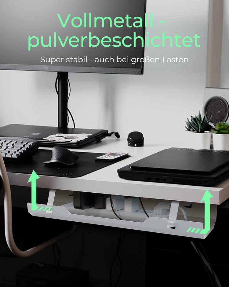 'Vollmetall - pulverbeschichtet. Super stabil - auch bei großen Lasten' zeigt einen stabilen Schreibtisch mit Laptops und Zubehör.