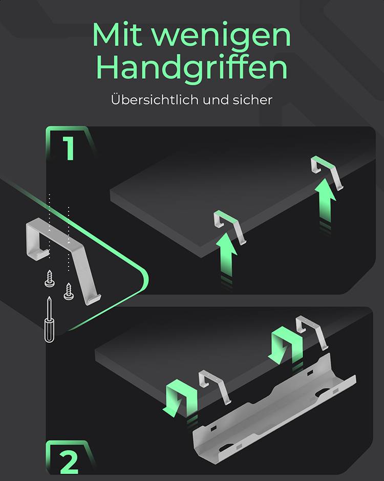 'Mit wenigen Handgriffen: Übersichtlich und sicher. Schritt 1 und 2: Montage-Anleitung für Haken an einer Oberfläche.'