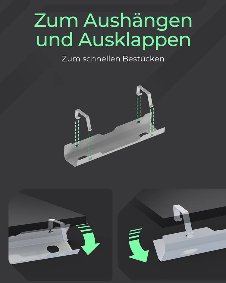 'Zum Aushängen und Ausklappen. Zum schnellen Bestücken.' zeigt ein mechanisches Bauteil mit Anleitung zum Einsetzen.