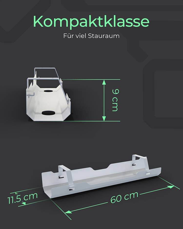 Abbildung zeigt zwei weiße Behälter: oben ein 9 cm hoher, darunter ein 60 cm langer, 11,5 cm breiter. Beschriftung 'Kompaktklasse'.
