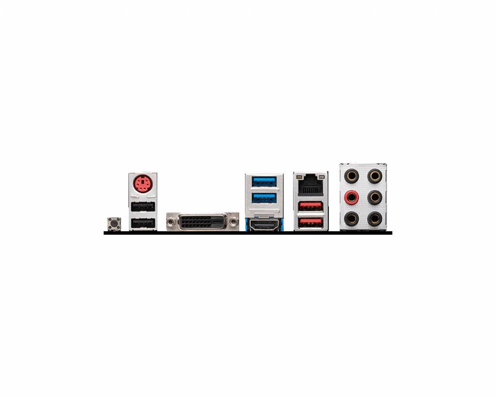 Verschiedene Anschlüsse einer Computerhauptplatine, darunter USB-Ports, HDMI, Audioanschlüsse und ein Ethernet-Anschluss.