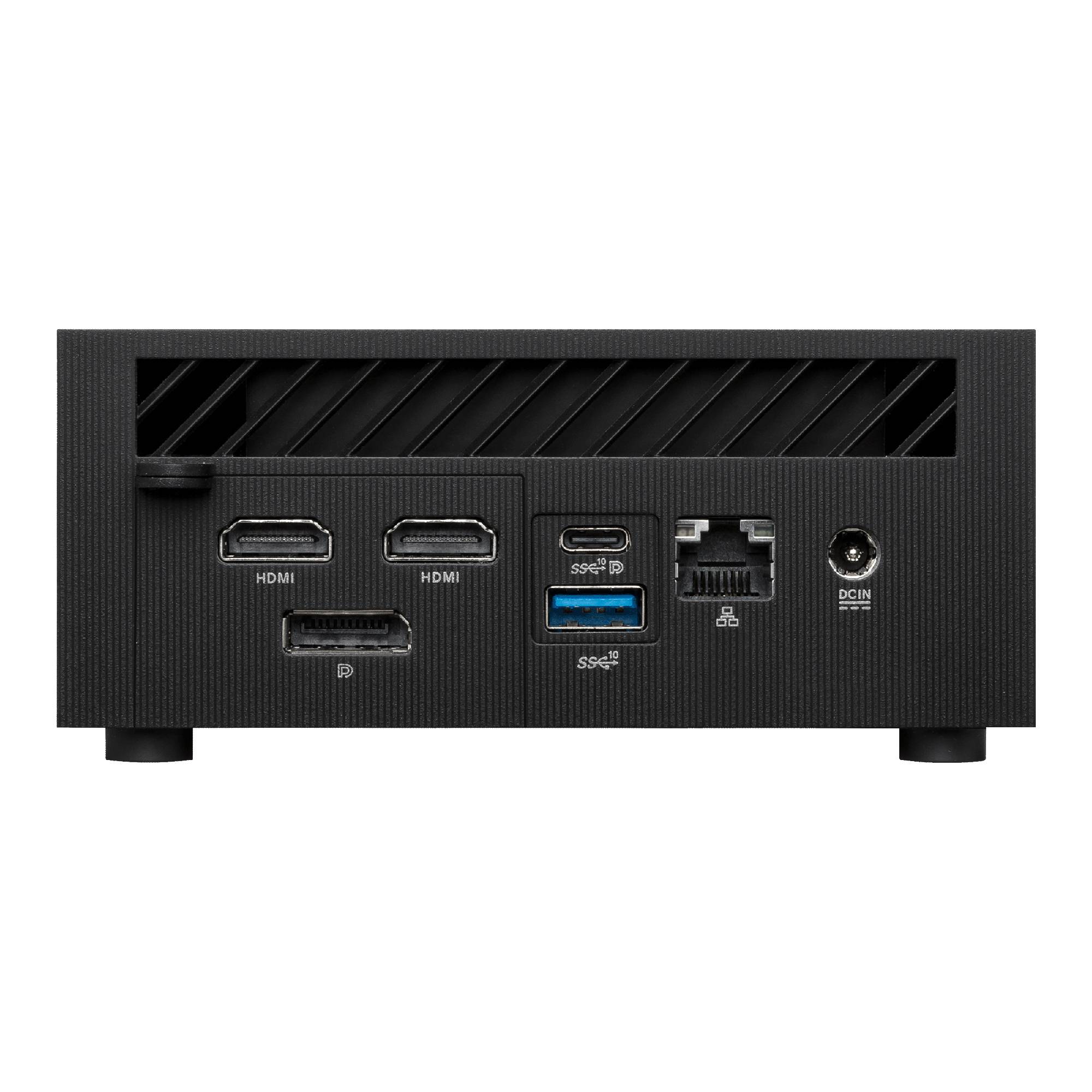 'Rückseite eines schwarzen Mini-PCs mit Anschlüssen: zwei HDMI, DisplayPort, USB Typ-C, zwei USB-A, Ethernet und Stromanschluss.'