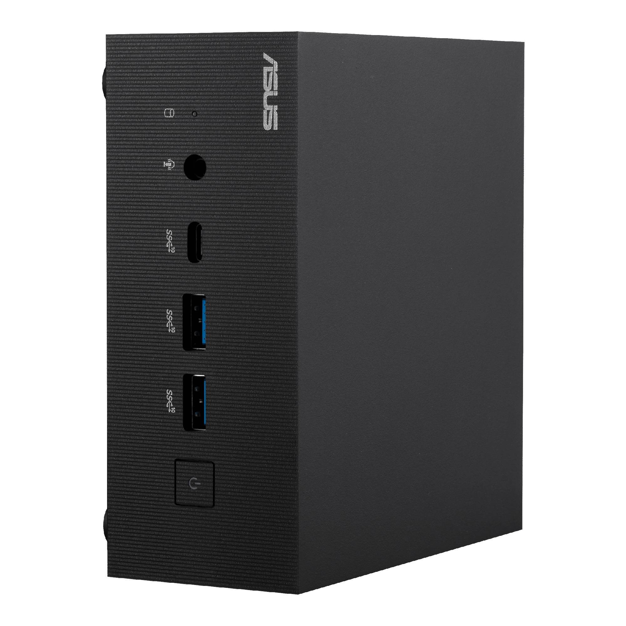 Schwarzer, rechteckiger Asus Mini-PC mit mehreren Anschlüssen an der Vorderseite, darunter USB- und HDMI-Anschlüsse.