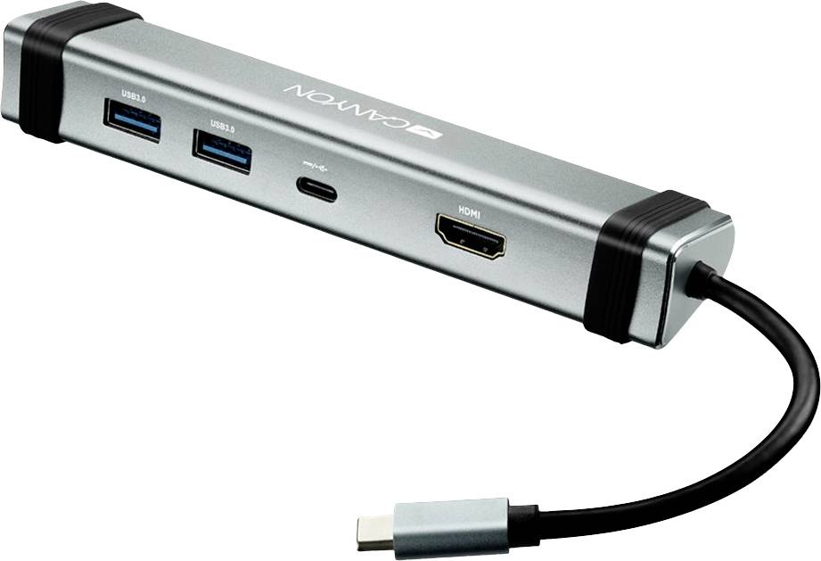 Ein silberner USB-C-Hub mit zwei USB 3.0-Anschlüssen, einem USB-C-Anschluss, einem HDMI-Anschluss und einem kurzen Kabeladapter.