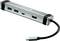 Ein silberner USB-C-Hub mit zwei USB 3.0-Anschlüssen, einem USB-C-Anschluss, einem HDMI-Anschluss und einem kurzen Kabeladapter.