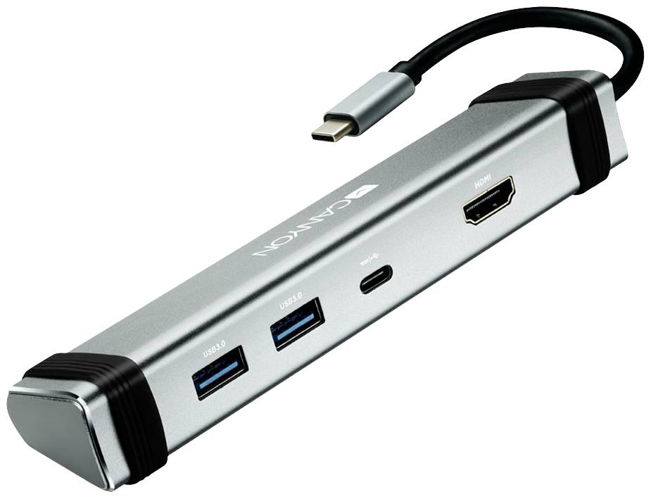 Ein silberner USB-C-Hub mit HDMI-Anschluss, zwei USB 3.0-Ports und einem USB-C-Anschluss. Ideal zur Erweiterung von Laptop-Anschlüssen.