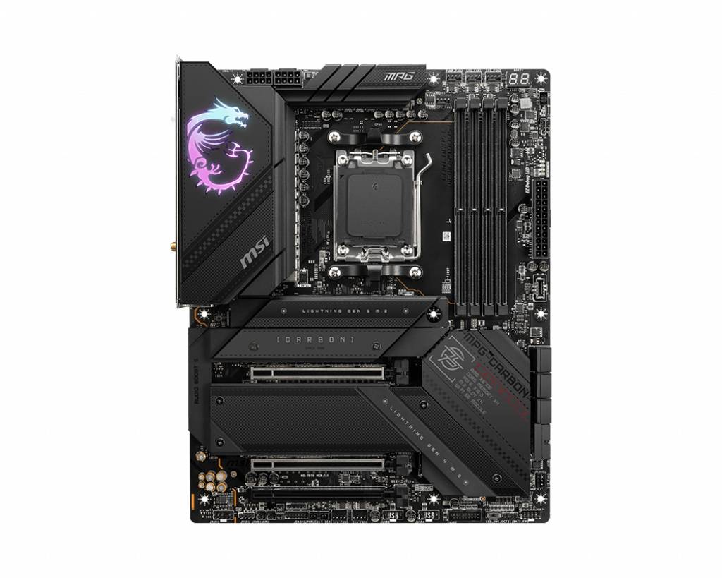 Mainboard der Marke MSI mit RGB-Beleuchtung und mehreren PCIe-Steckplätzen, geeignet für Gaming-PCs und Hochleistungsanwendungen.