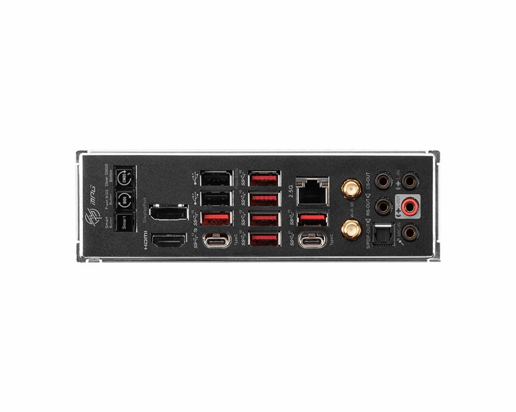 Rückseite eines Computer-Mainboards mit verschiedenen Anschlüssen, darunter USB, HDMI, Ethernet, Audioanschlüsse und Antennenanschlüsse.