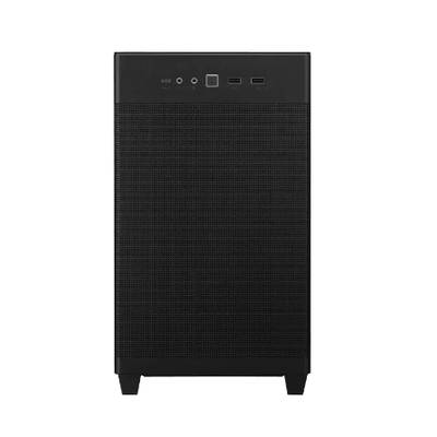 Ein schwarzes Computergehäuse mit Lüftungsgitteransicht von vorne. Oben befinden sich Anschlüsse und ein quadratischer Einschaltknopf.