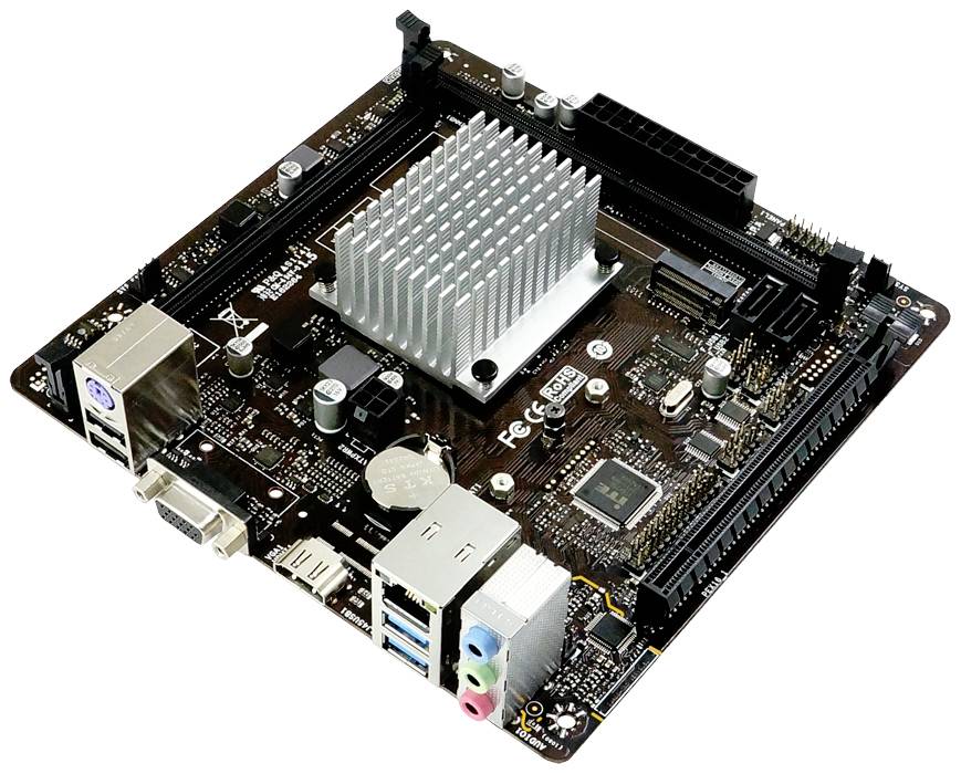 Eine schwarze Computer-Motherboard-Platine mit mehreren Anschlüssen und einem auffälligen Kühlkörper in der Mitte.