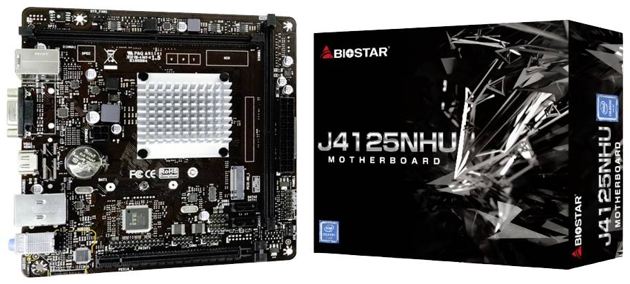 Abgebildet ist das Biostar J4125NHU Motherboard neben seiner Verpackung. Links das Motherboard, rechts die schwarze Verpackung.