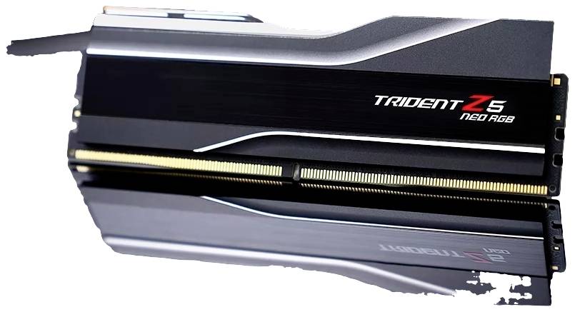 RAM-Modul, schwarz mit silbernen Akzenten, der Marke 'Trident Z5 Neo RGB'. Entworfen für Computer, betont Hochleistung und Stil.