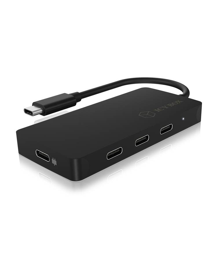 Ein schwarzer USB-C-Hub mit vier Anschlüssen, darunter HDMI. Es verbindet Geräte mit mehreren Ausgängen für Daten und Videoübertragung.
