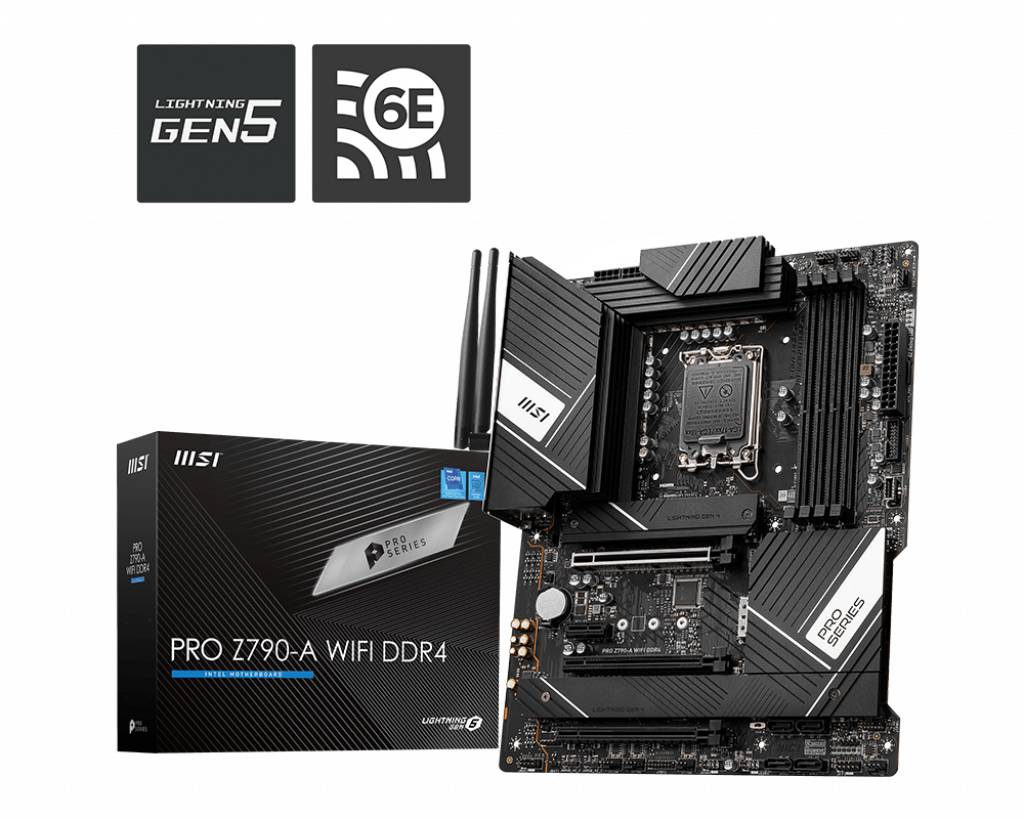 Motherboard MSI PRO Z790-A WIFI DDR4 mit Verpackung. Features: Lightning Gen5, WiFi 6E.