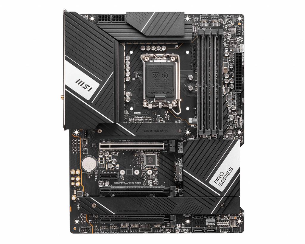Ein schwarzes Mainboard der MSI Pro Series mit mehreren Steckplätzen und Anschlüssen, geeignet für leistungsstarke Computer-Setups.