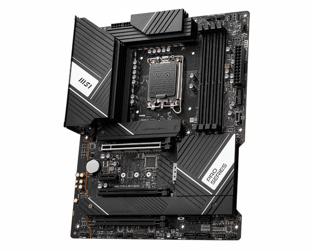 Eine schwarze Computer-Motherboard-Platine mit markanten Kühlkörpern und weißen Akzenten, beschriftet mit 'PRO SERIES'.