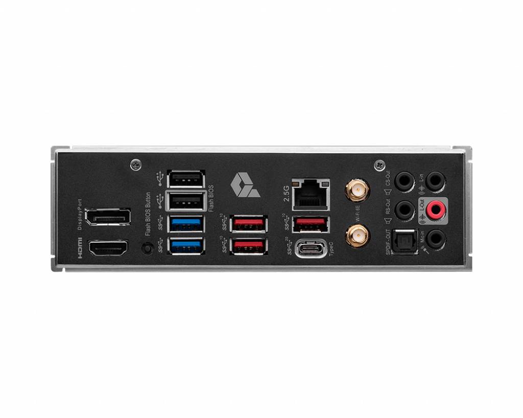 Rückseite eines Computer-Motherboards mit verschiedenen Anschlüssen: HDMI, USB, Ethernet, Audiobuchsen und Antennenanschlüsse.