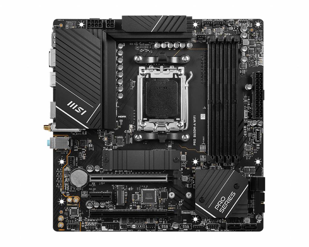 Schwarzes Motherboard mit mehreren Steckplätzen und Anschlüssen, darunter CPU-Sockel in der Mitte und RAM-Steckplätze rechts.