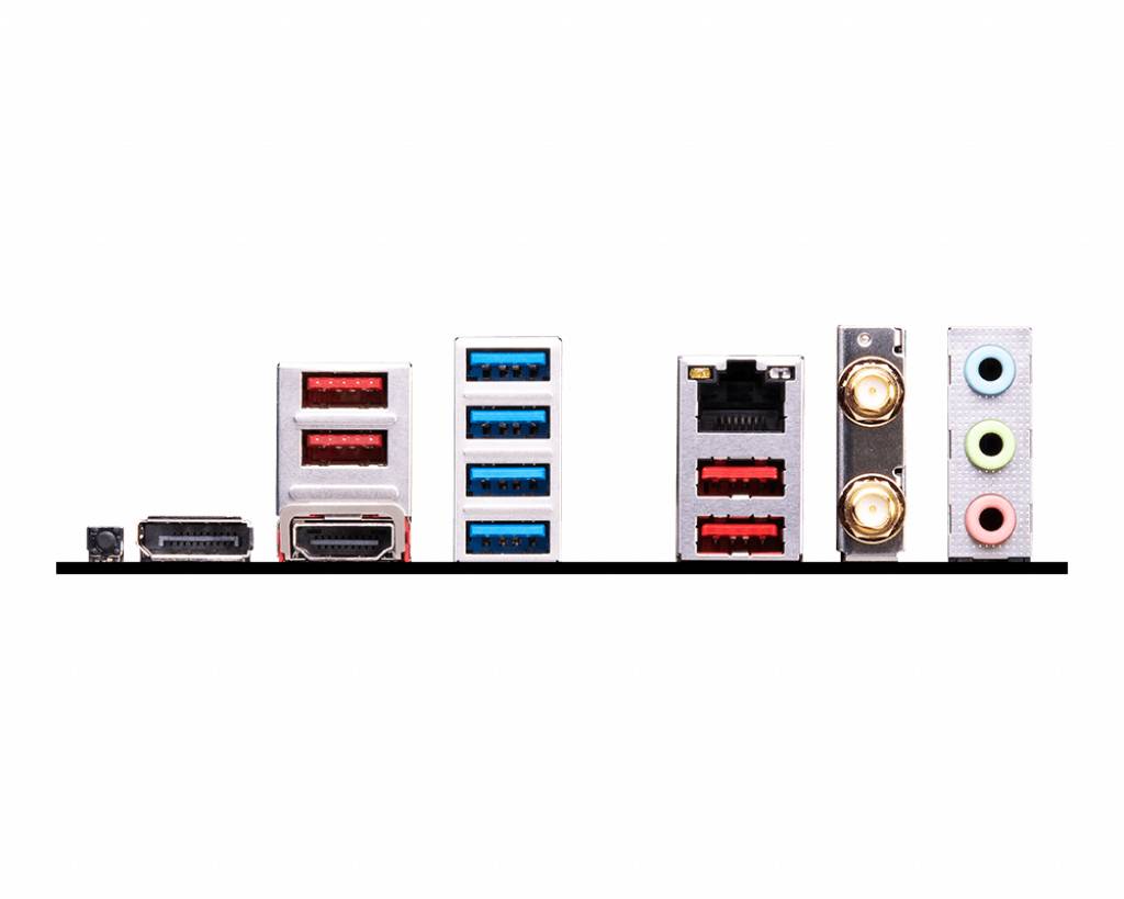 Rückseite eines Mainboards mit verschiedenen Anschlüssen: USB-Ports, Ethernet, Audioanschlüsse und HDMI-Anschluss.