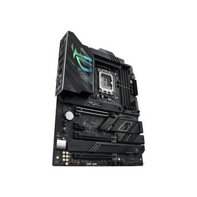 Ein schwarzes Computer-Motherboard mit mehreren Steckplätzen und bunten LED-Leuchten. Es zeigt technische Komponenten und Anschlüsse.