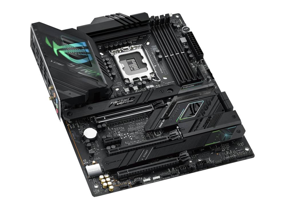 Hochleistungs-Motherboard mit mehreren PCIe-Steckplätzen, RAM-Steckplätzen und markantem Design, das für Gaming und leistungsstarke Anwendungen ausgelegt ist.