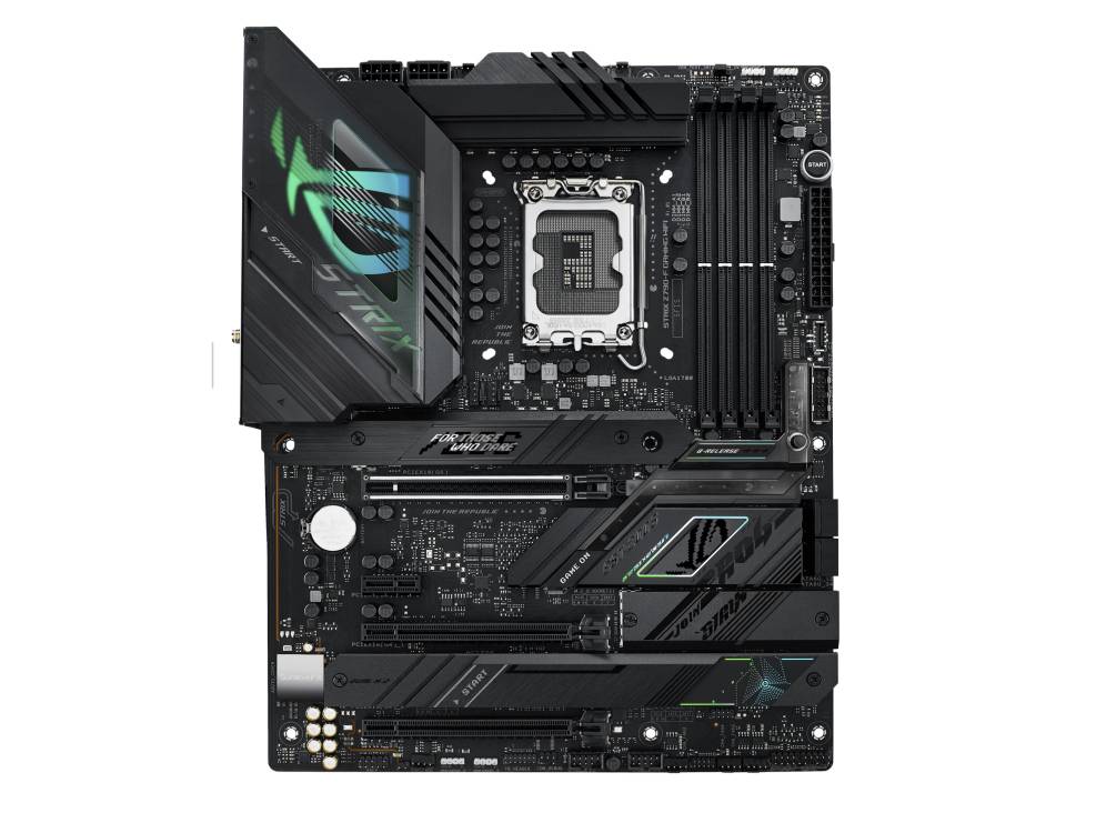 Ein Computer-Motherboard mit verschiedenen Anschlüssen und einem CPU-Sockel, geeignet für Gamer und technikaffine Nutzer.