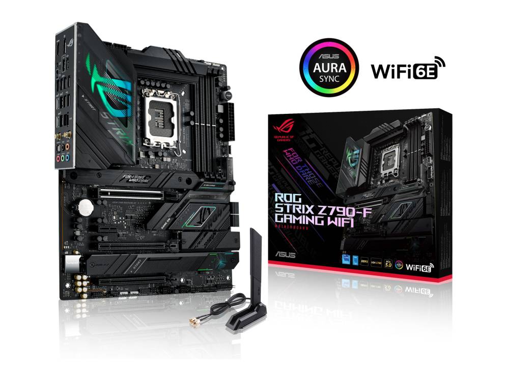 'ASUS ROG Strix Z790-F Gaming WiFi 6E' Hauptplatine mit RGB-Beleuchtung und Verpackung. Enthält Antenne. Unterstützung für WiFi 6E.