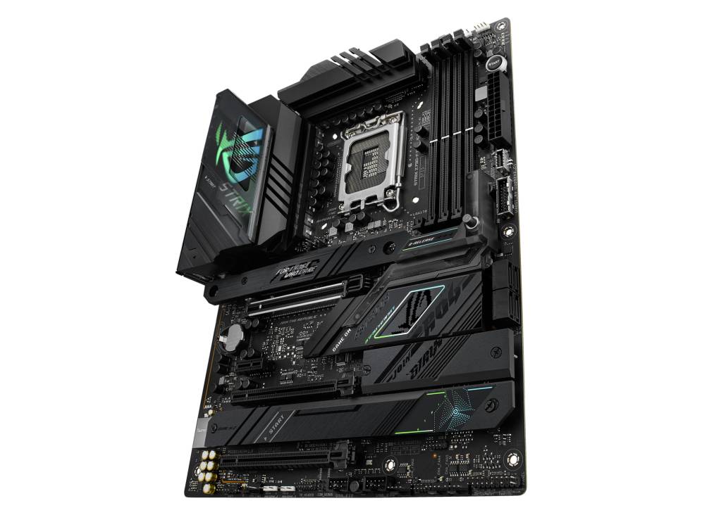 Nahaufnahme eines Computer-Mainboards mit beleuchtetem Logo. Zeigt Steckplätze für CPU, RAM und erweiterbare Karten.