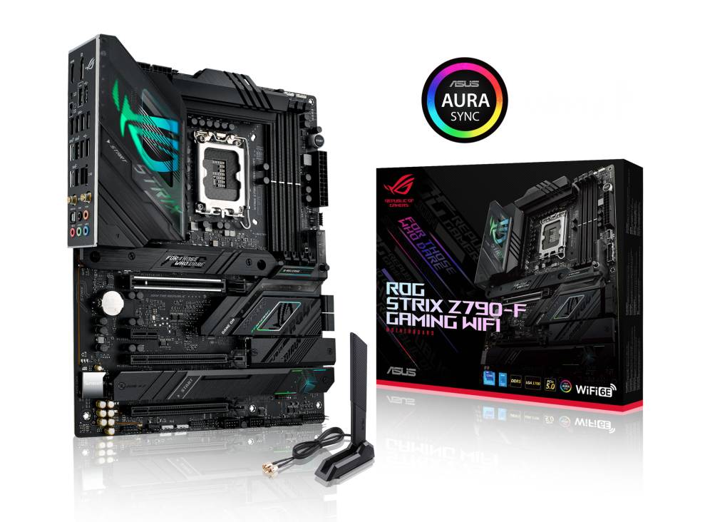 Mainboard ASUS ROG Strix Z790-F Gaming WiFi mit Aura Sync. Enthält Verpackung und Antenne, betont leistungsstarke Gaming-Fähigkeiten.
