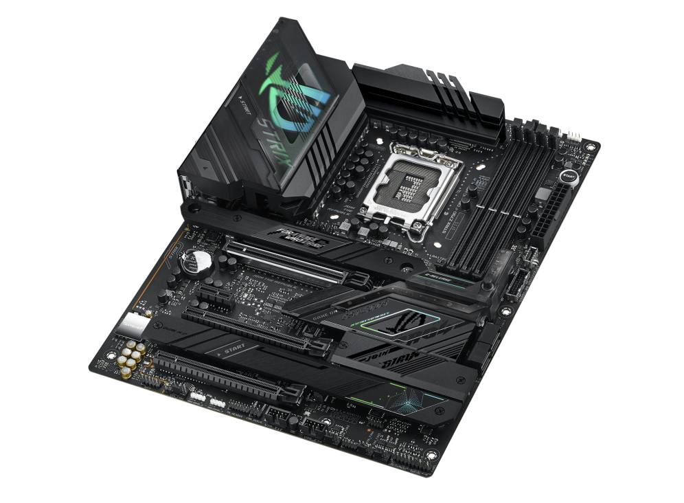 Ein schwarzes Computer-Mainboard mit mehreren PCIe-Steckplätzen, Speichersteckplätzen und CPU-Sockel. Oberer linker Bereich mit modernem Design.