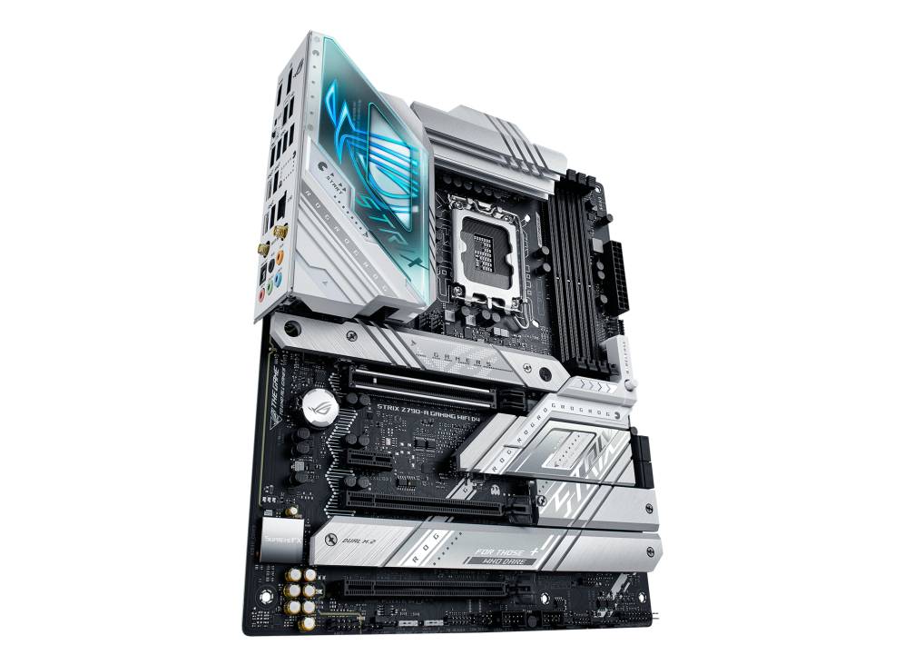Ein modernes Computer-Mainboard mit mehreren PCIe-Steckplätzen, RAM-Steckplätzen und einer auffälligen, leuchtenden Abdeckung.