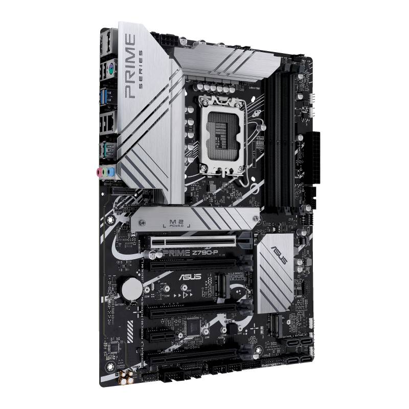 Computer-Motherboard mit silbernen und schwarzen Komponenten, zahlreiche Anschlüsse und Steckplätze sichtbar, modell ASUS Prime Z790-P.