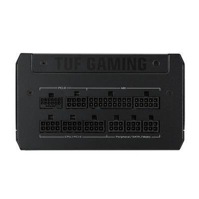 'Schwarzes TUF Gaming Netzteil von ASUS mit modularen Kabelanschlüssen für PCI-E, Mainboard, CPU, SATA und Molex.'